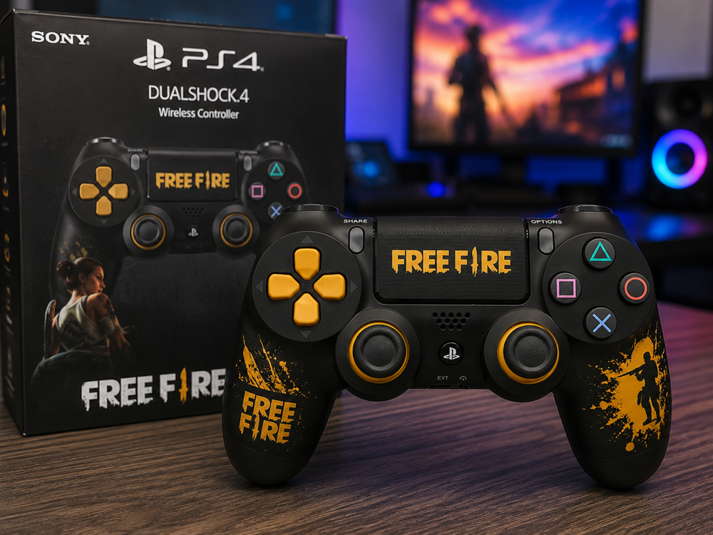دسته بازی طرح PS4 Free Fire در محیط حرفه ای با نورپردازی مدرن و طراحی خاص.